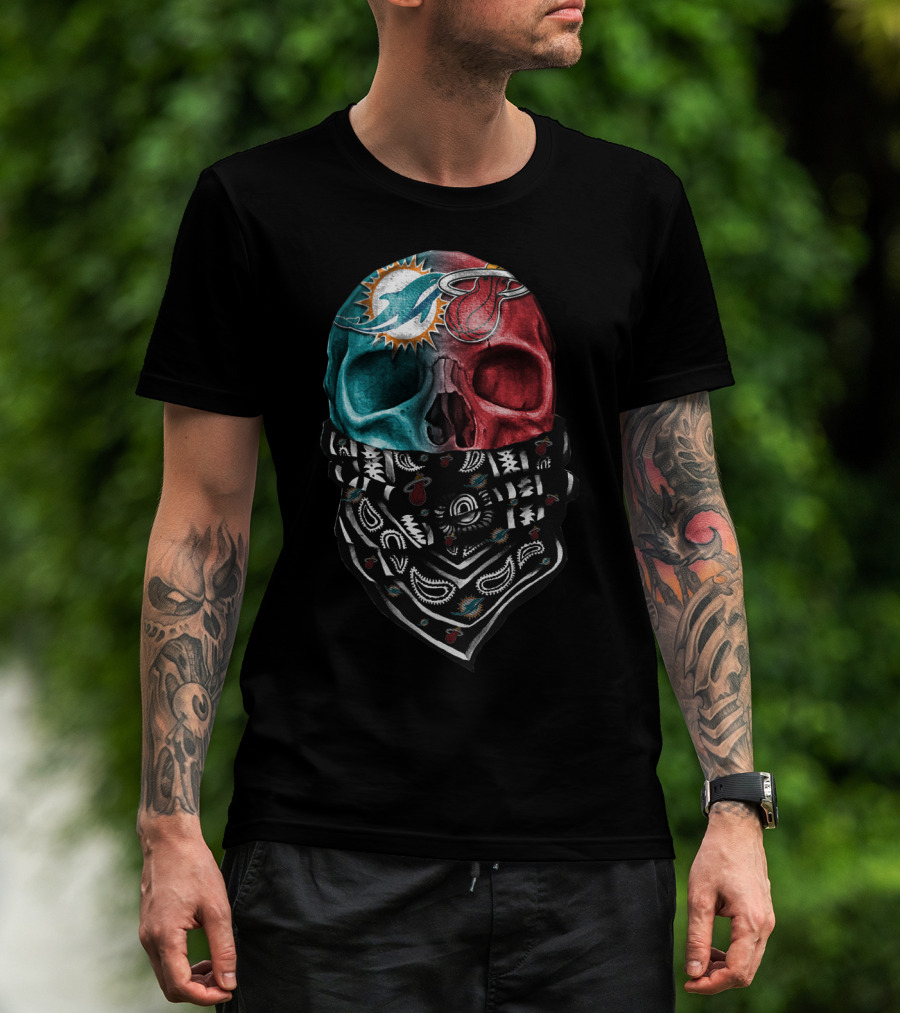 Miami Dolphins And Heat Skull Bandana Combination T-Shirt