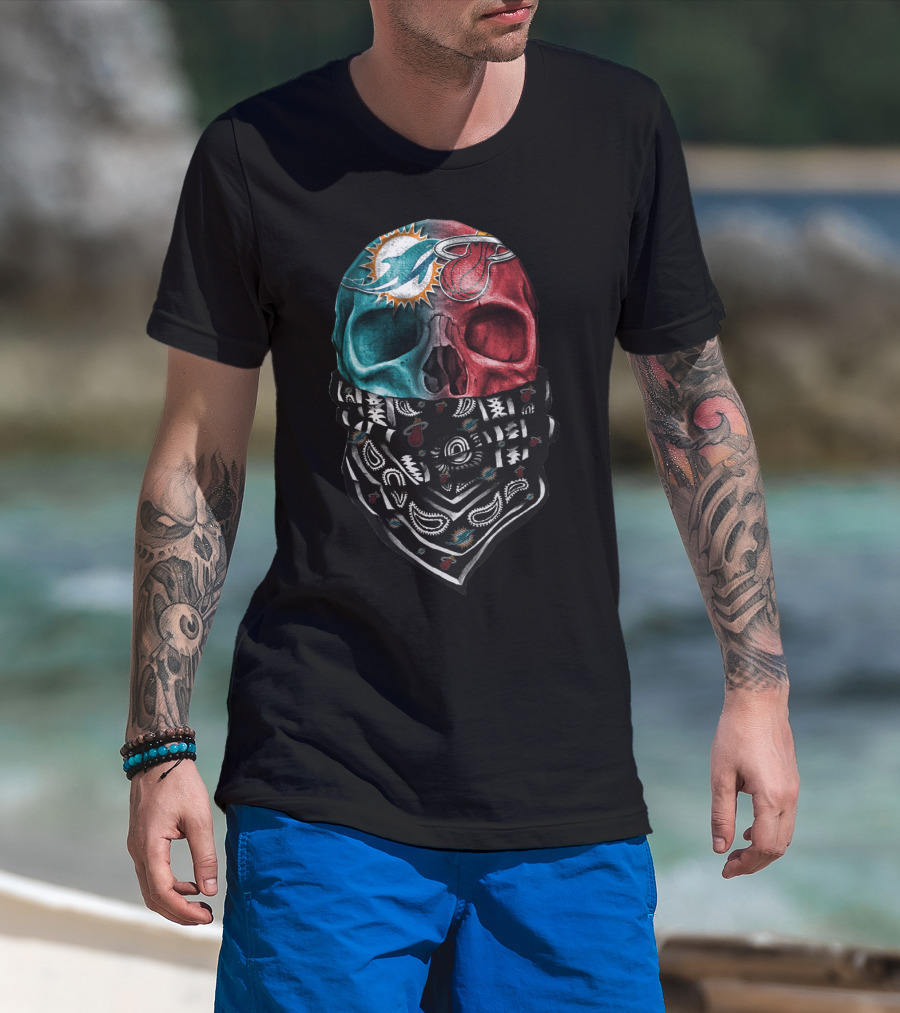 Miami Dolphins And Heat Skull Bandana Combination T-Shirt