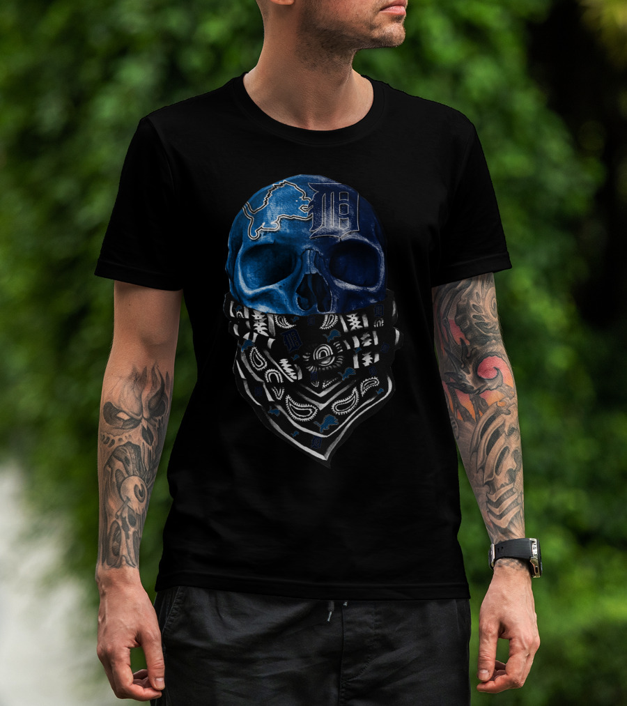Detroit Lions And Tigers Skull Bandana Blue T-Shirt