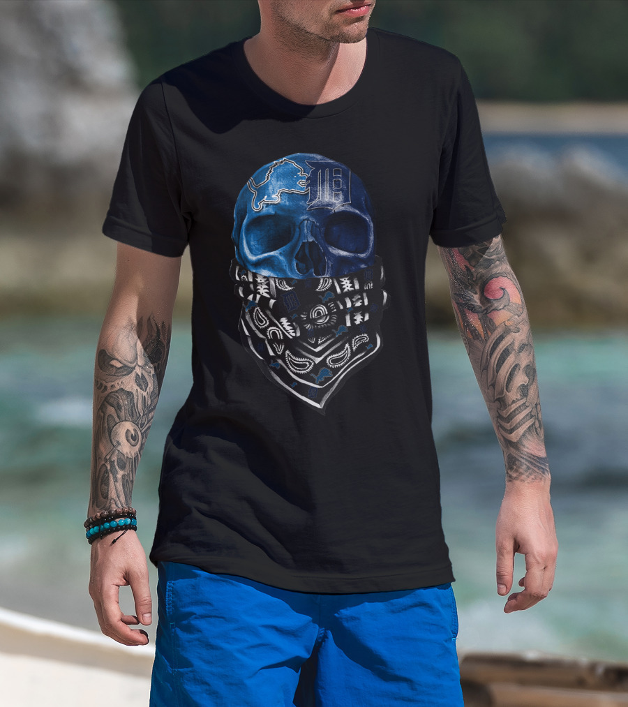 Detroit Lions And Tigers Skull Bandana Blue T-Shirt