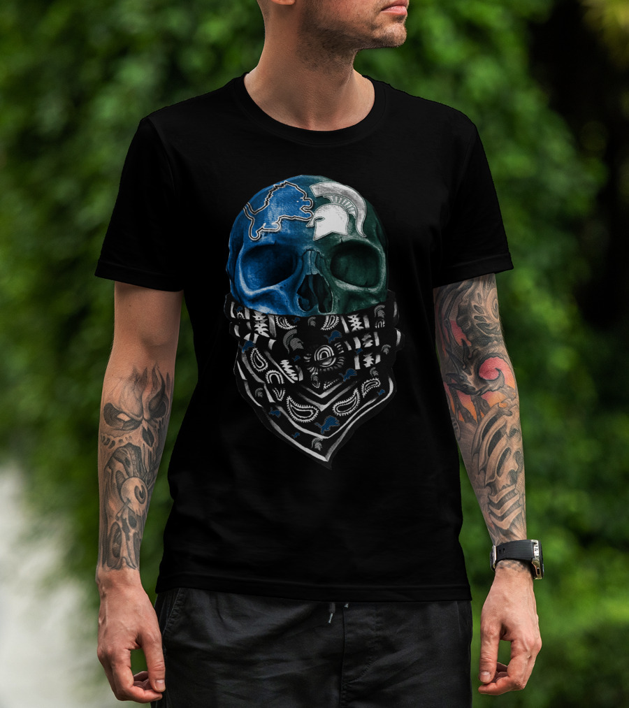 Detroit Lions Michigan State Spartans Skull Bandana T-Shirt