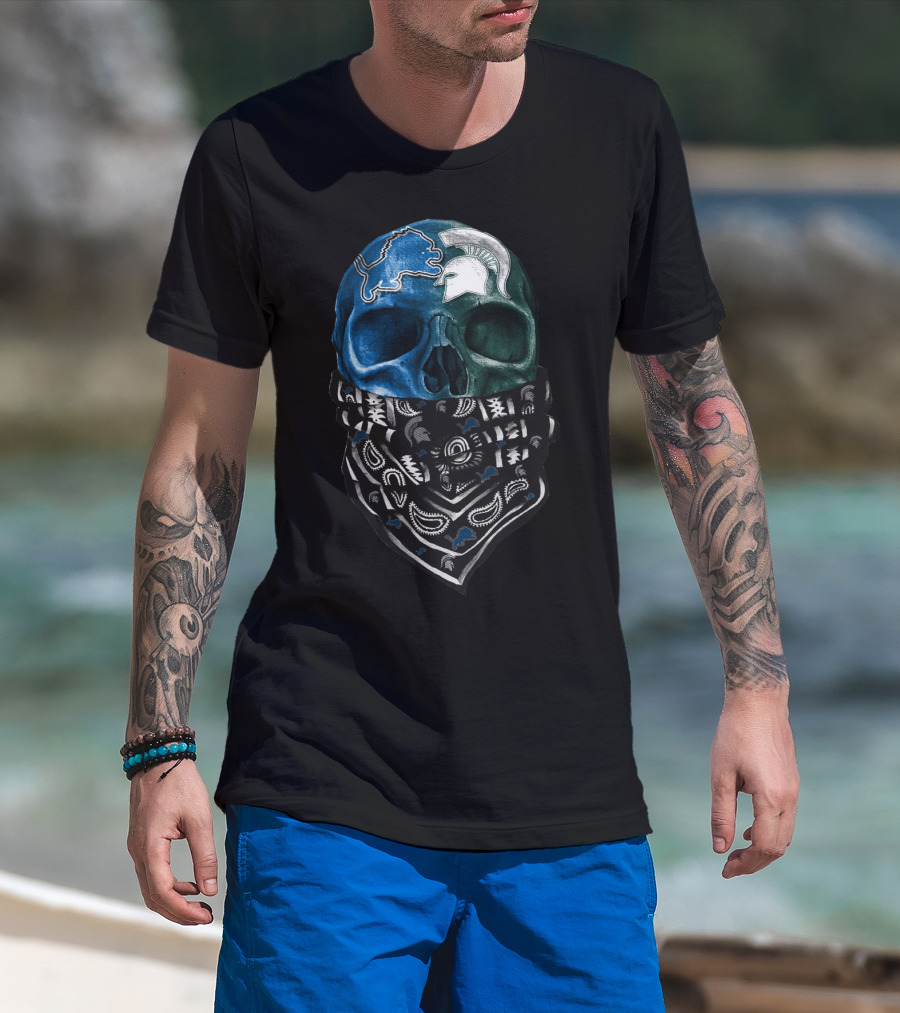 Detroit Lions Michigan State Spartans Skull Bandana T-Shirt