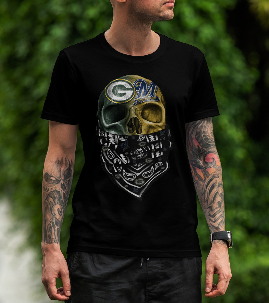 Green Bay Packers And Milwaukee Brewers Skull Bandana T-Shirt