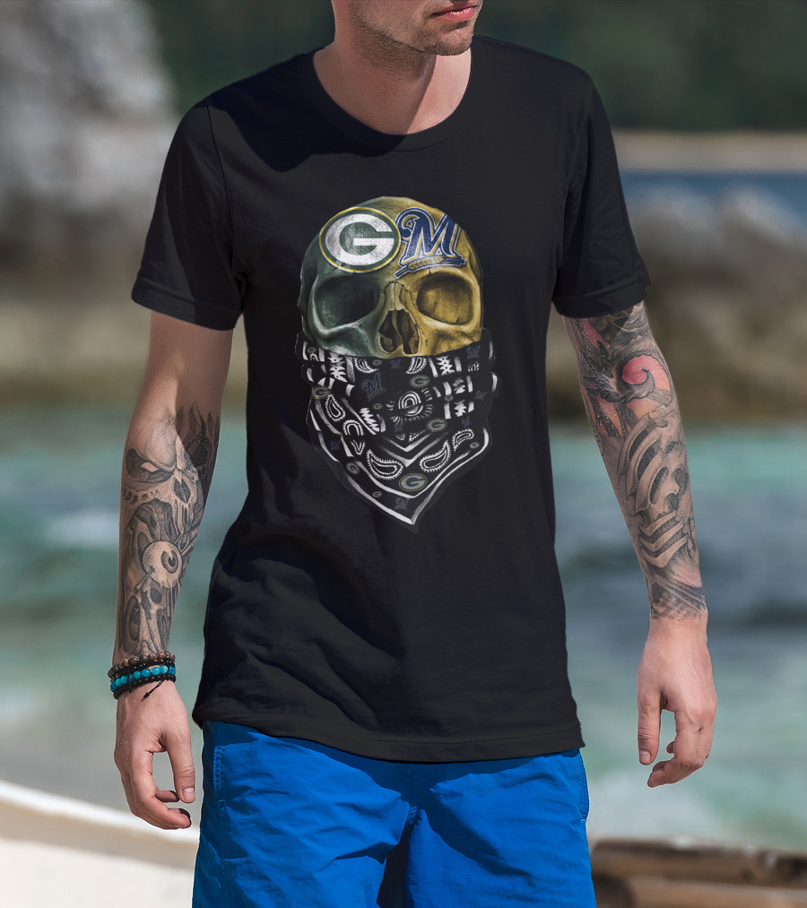 Green Bay Packers And Milwaukee Brewers Skull Bandana T-Shirt