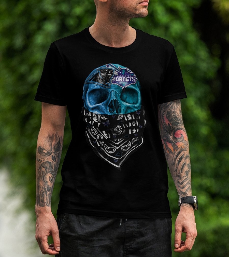 Carolina Panthers Charlotte Hornets Bandana Skull T-Shirt