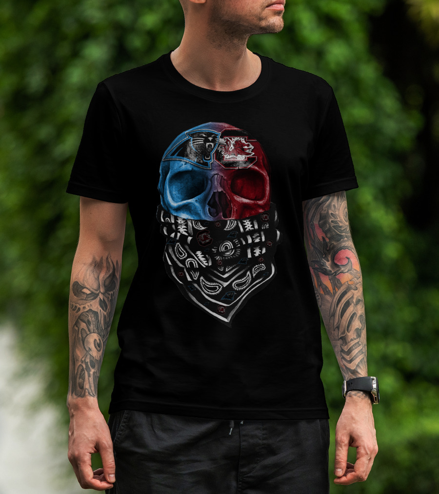 Carolina Panthers And South Carolina Gamecocks Skull Bandana T-Shirt