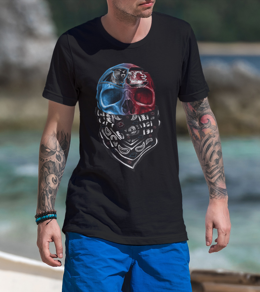 Carolina Panthers And South Carolina Gamecocks Skull Bandana T-Shirt