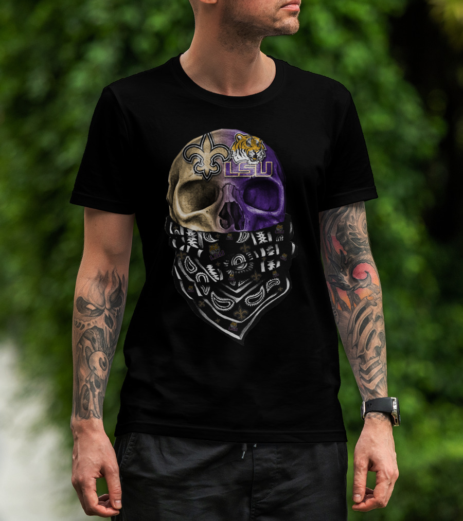 Lsu Tigers Skull With New Orleans Saints Logo Bandana T-Shirt