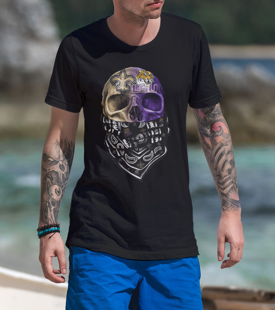 Lsu Tigers Skull With New Orleans Saints Logo Bandana T-Shirt