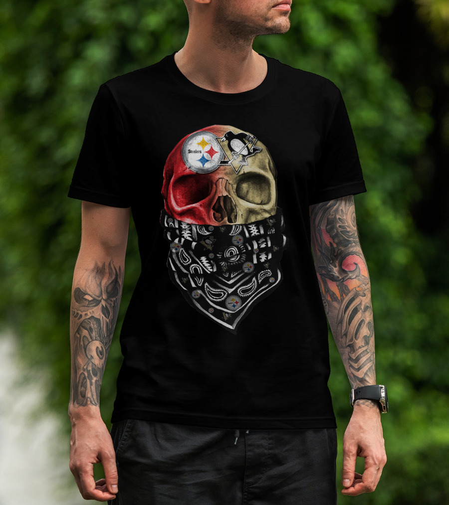 Steelers And Penguins Dual Skull Bandana Art On Sku 114 T-Shirt