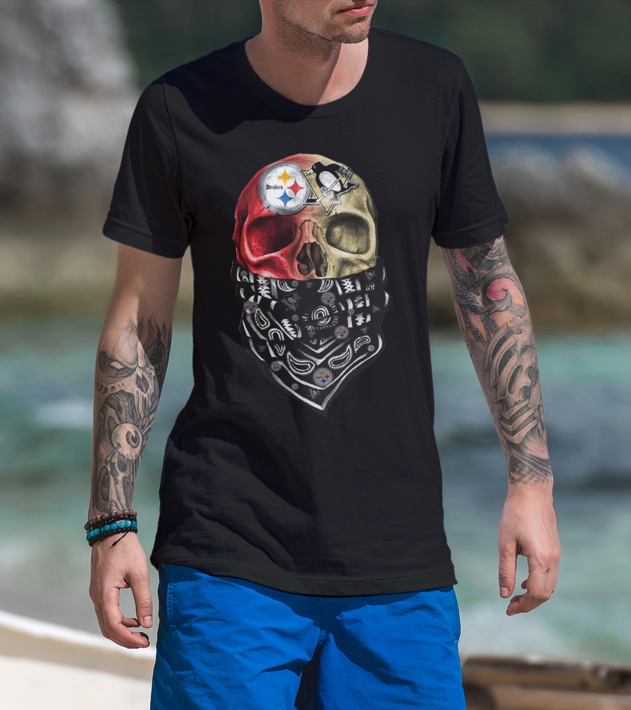 Steelers And Penguins Dual Skull Bandana Art On Sku 114 T-Shirt