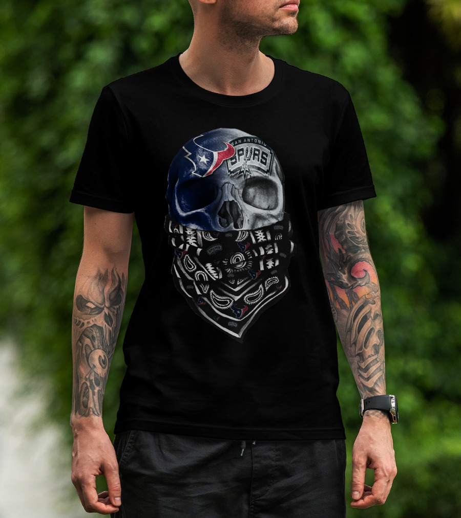 San Antonio Spurs Skull With Bandana And Houston Texans T-Shirt