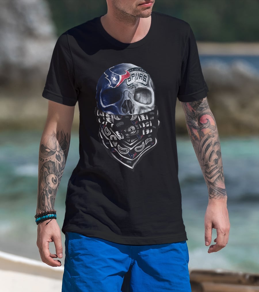 San Antonio Spurs Skull With Bandana And Houston Texans T-Shirt