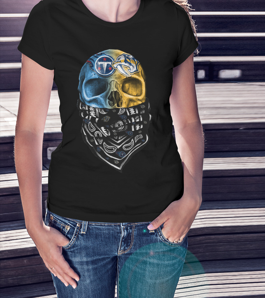 Tennessee Titans Nashville Predators Dual Skull Bandana T-Shirt