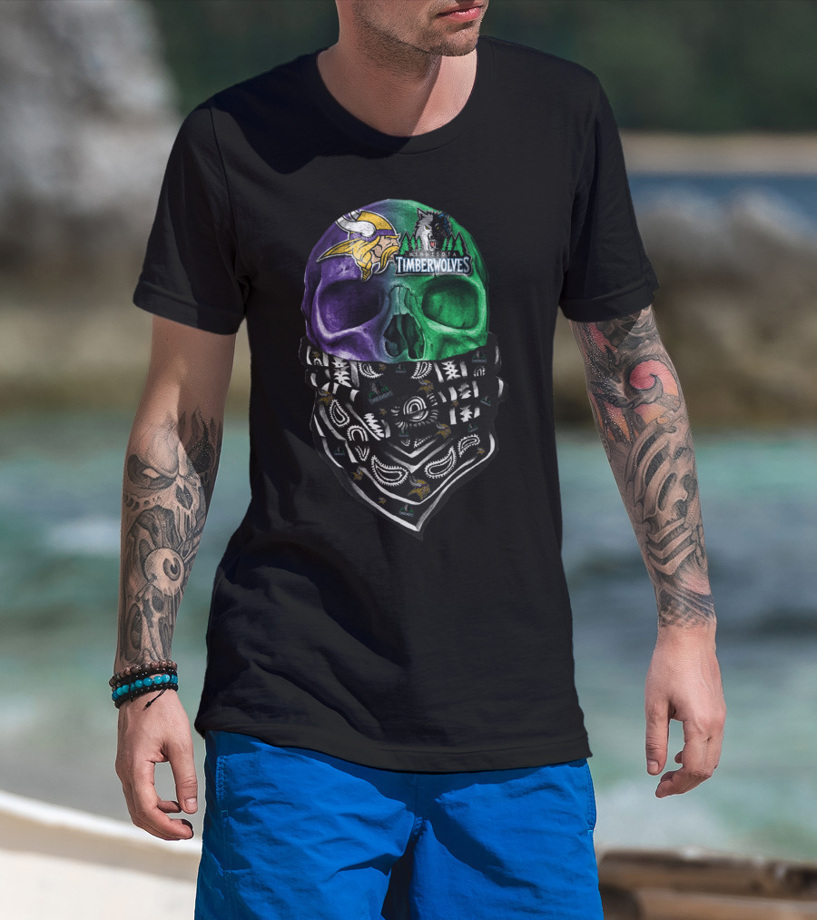 Minnesota Vikings Timberwolves Skull Bandana T-Shirt