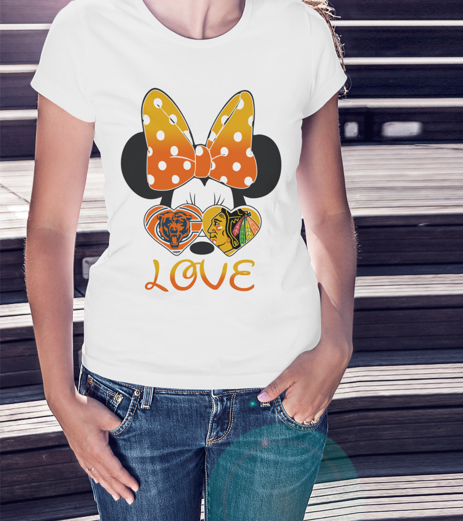 Minnie Mouse Love Chicago Bears Blackhawks Bow T-Shirt