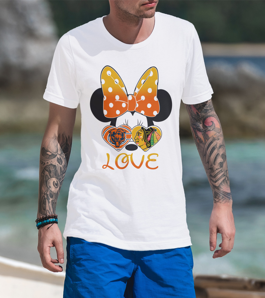 Minnie Mouse Love Chicago Bears Blackhawks Bow T-Shirt
