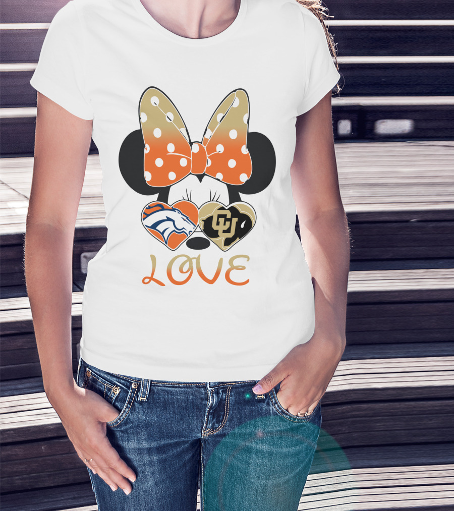 Love Minnie Mouse Orange Bow Denver Broncos University Of Colorado Buffaloes Hearts T-Shirt