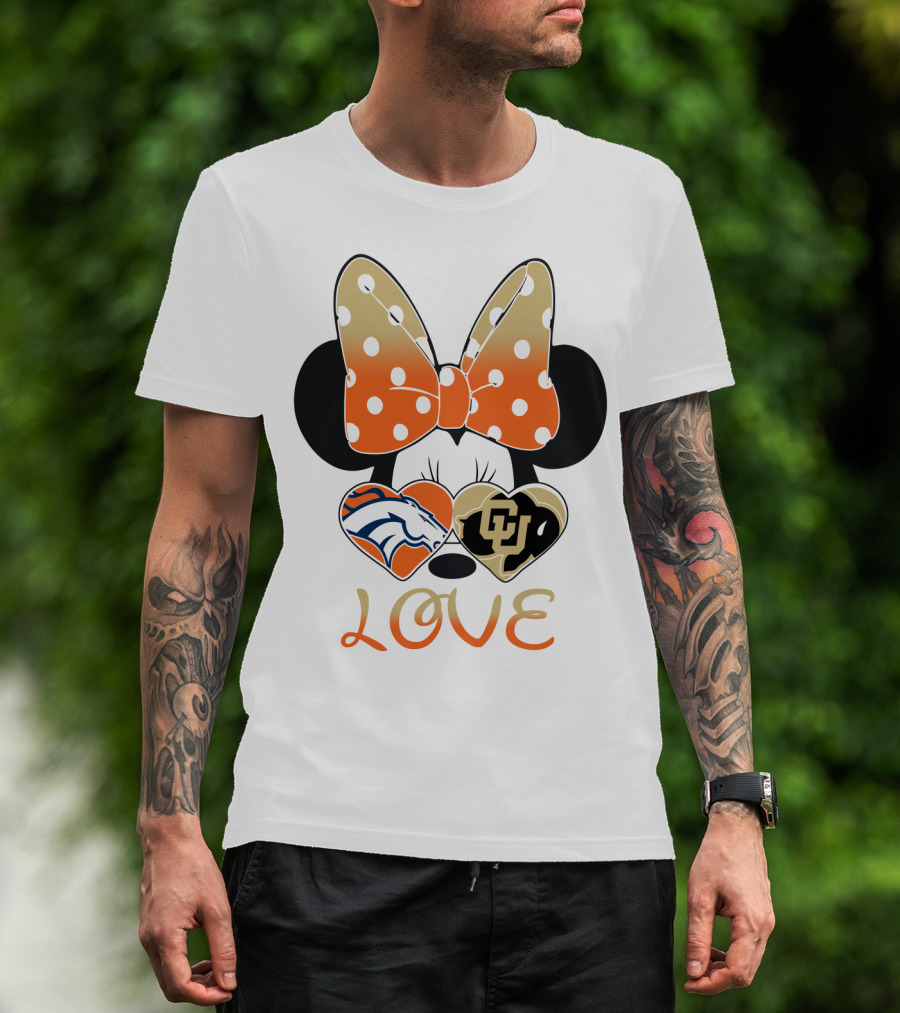 Love Minnie Mouse Orange Bow Denver Broncos University Of Colorado Buffaloes Hearts T-Shirt
