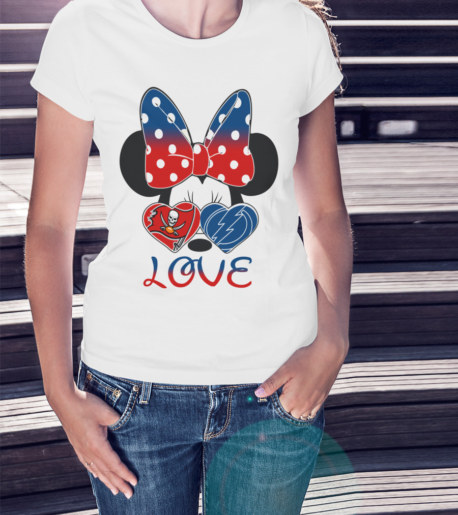 Love Minnie Bow Red And Blue Hearts With Buccaneers And Lightning Logos T-Shirt