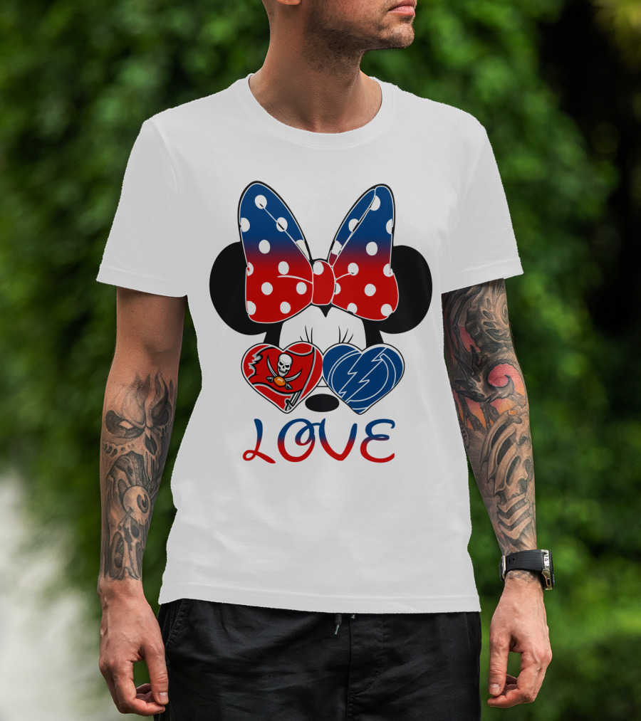 Love Minnie Bow Red And Blue Hearts With Buccaneers And Lightning Logos T-Shirt