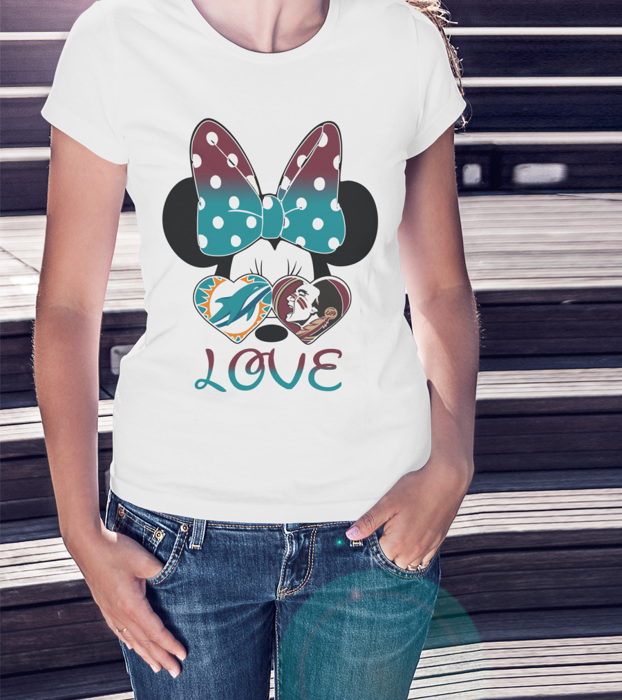 Love Minnie Bow Miami Dolphins Florida State Seminoles Hearts T-Shirt