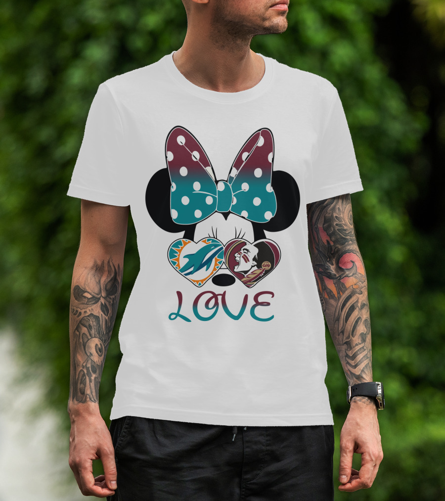 Love Minnie Bow Miami Dolphins Florida State Seminoles Hearts T-Shirt
