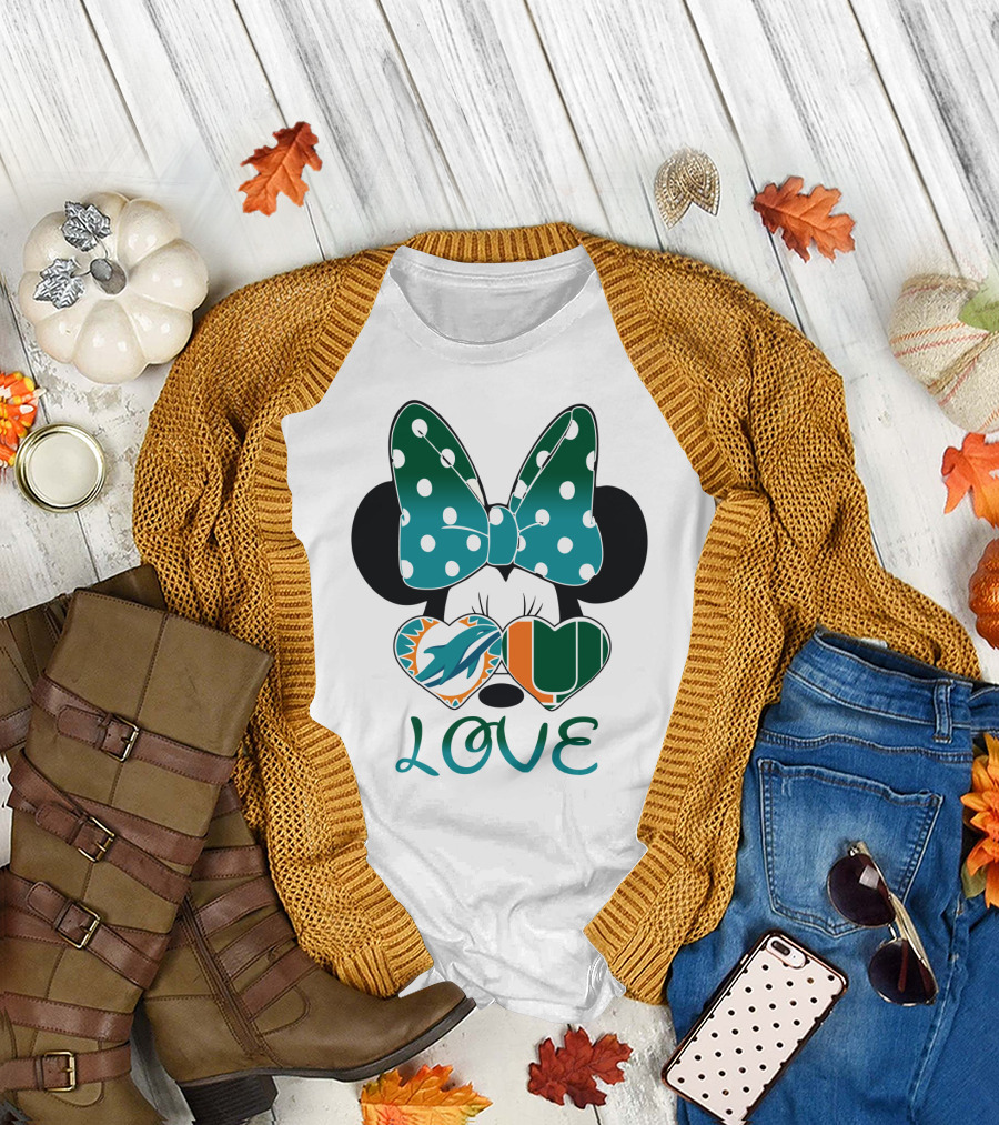 Miami Dolphins Hurricanes Love Minnie Mouse Polka Dot Bow T-Shirt