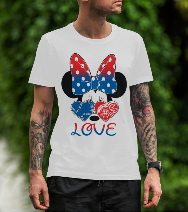 Love Minnie Mouse Detroit Lions Red Wings Bow Hearts T-Shirt