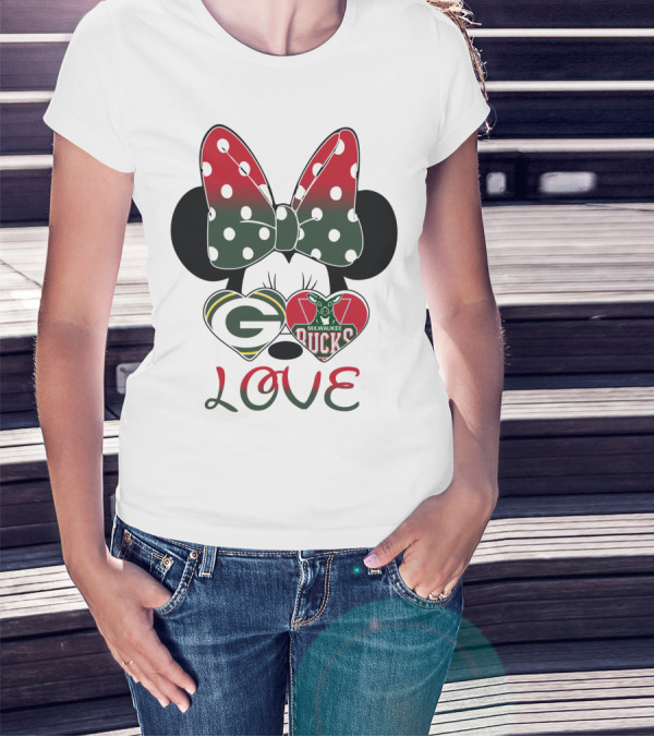 Love Minnie Mouse Green Bay Packers Milwaukee Bucks T-Shirt