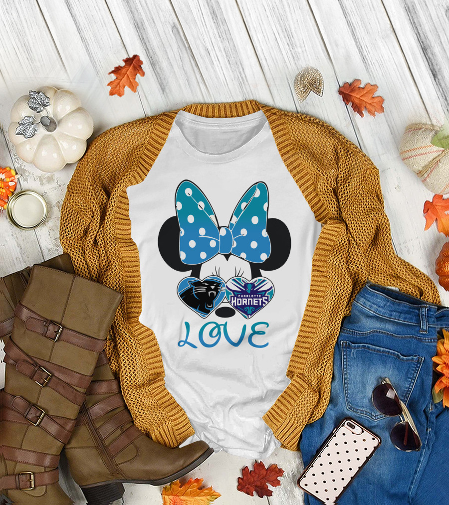 Minnie Mouse Love Carolina Panthers Charlotte Hornets Bow Hearts T-Shirt