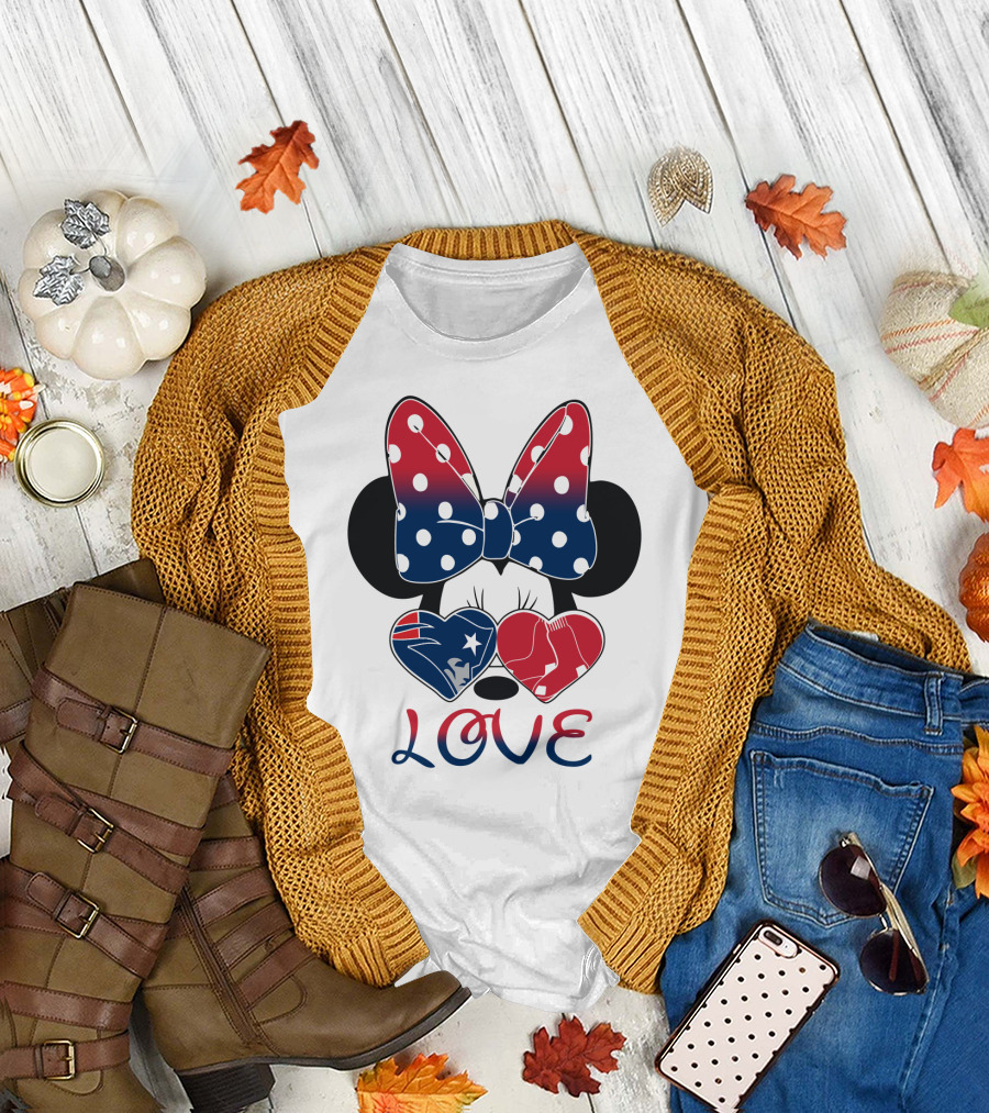 Love Minnie Bow Hearts Patriots Red Sox T-Shirt