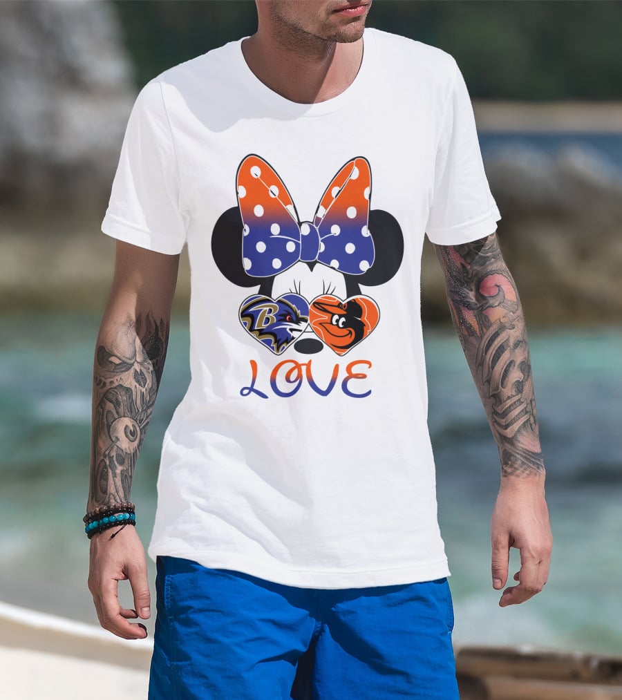 Love Baltimore Ravens Orioles Minnie Mouse Bow T-Shirt