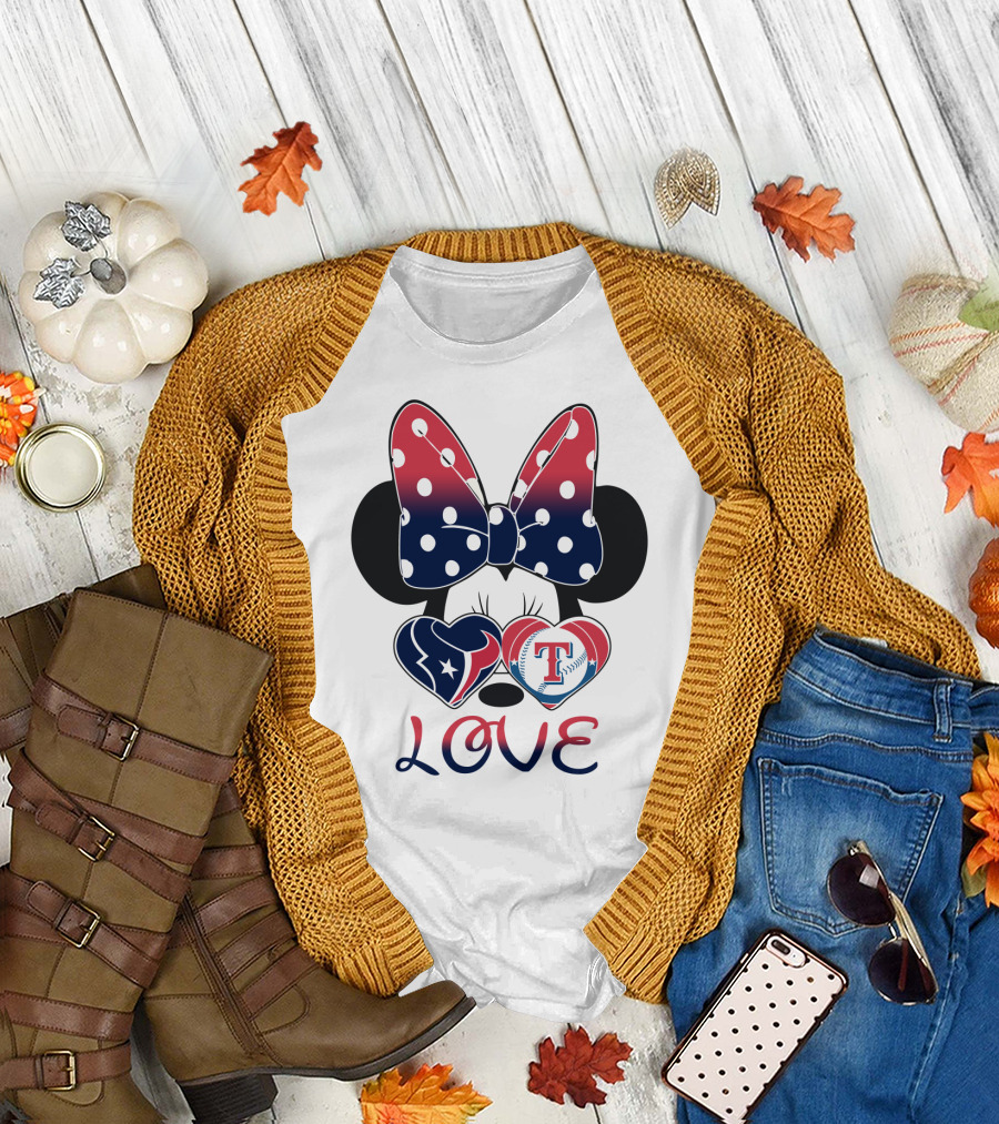 Minnie Bow Love Texans Rangers Hearts T-Shirt