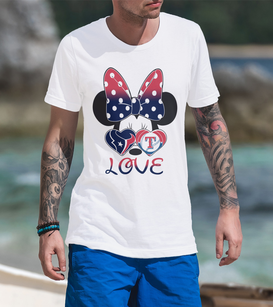 Minnie Bow Love Texans Rangers Hearts T-Shirt