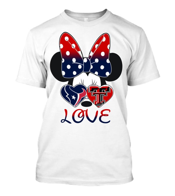 Minnie Mouse Love Texans And Texas Tech Hearts Bow T-Shirt