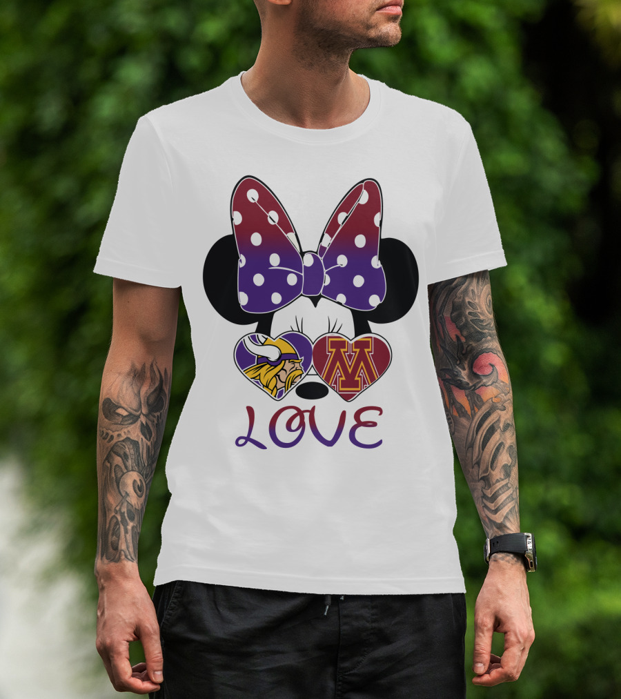 Minnie Mouse Bow Love Vikings Minnesota U Logo Hearts T-Shirt