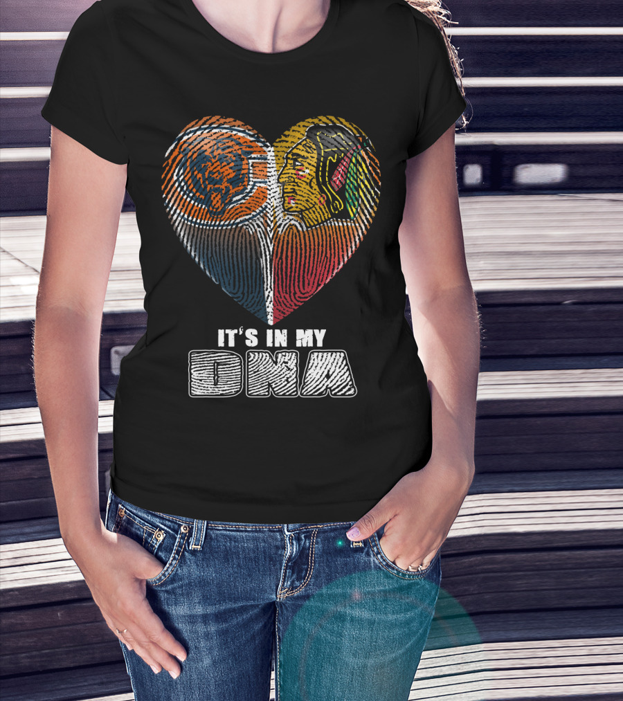 It's In My Dna Chicago Bears Blackhawks Fingerprint Heart T-Shirt