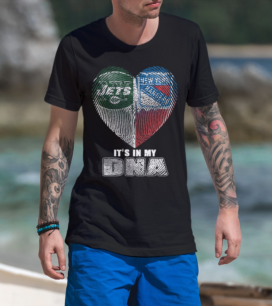New York Jets And Rangers It's In My Dna Heart Fingerprint T-Shirt