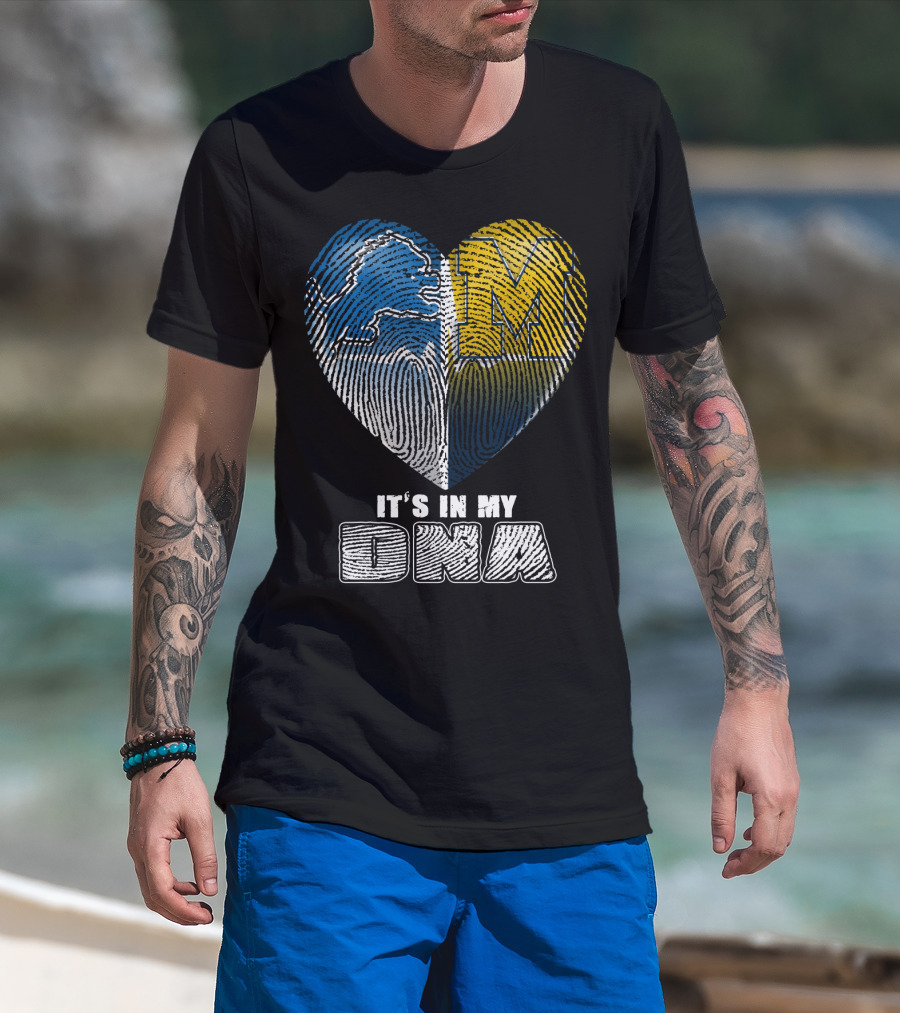 It's In My Dna Detroit Lions Michigan Wolverines Heart Fingerprint T-Shirt
