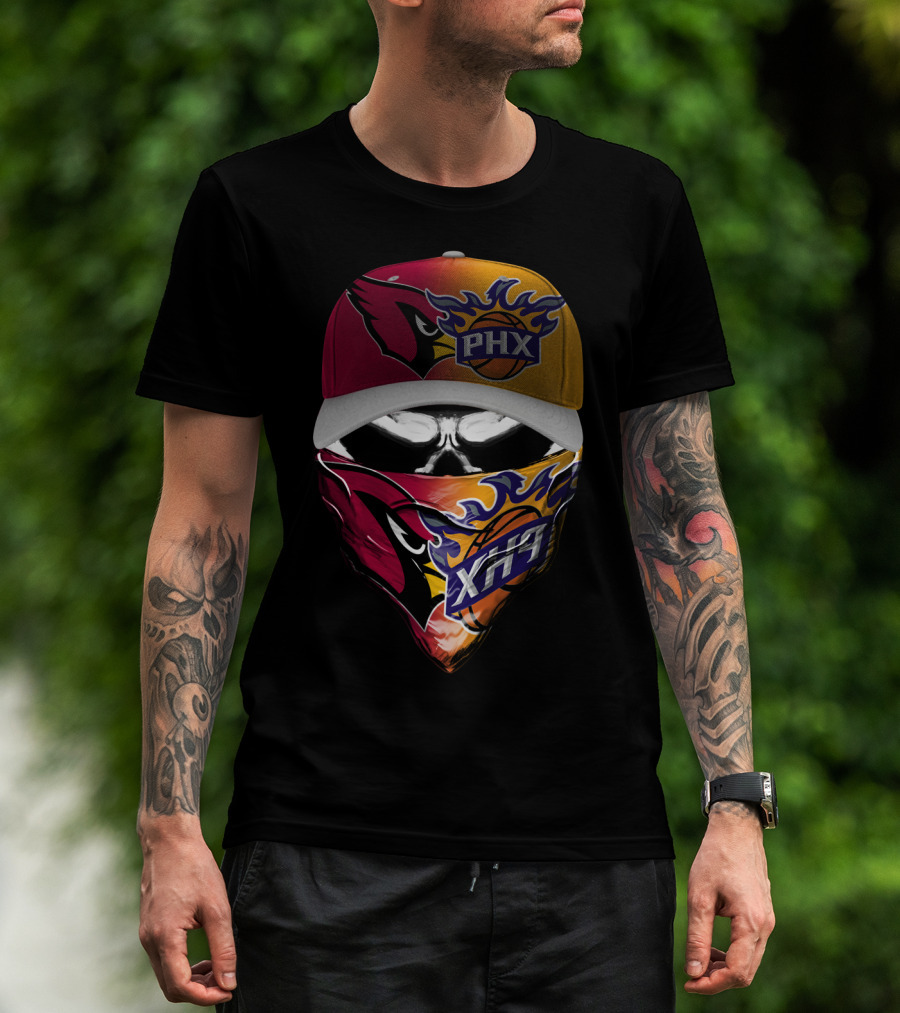 Phx Cardinals Suns Crossover Flame Skull Headwear T-Shirt
