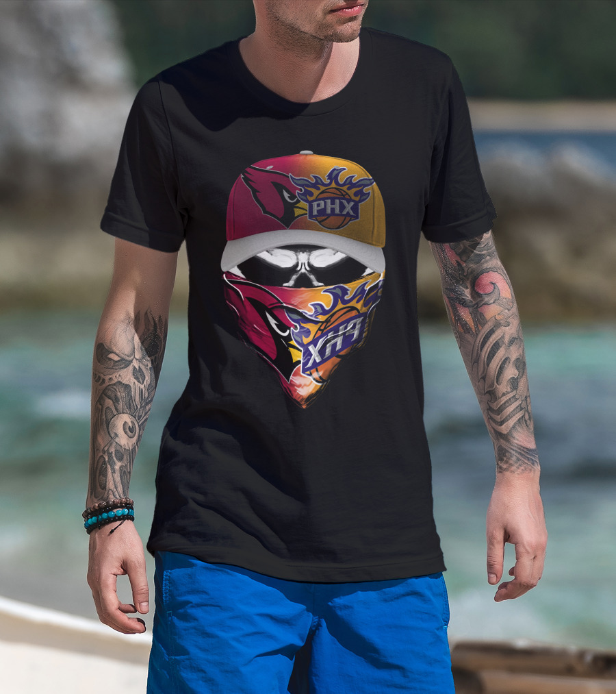 Phx Cardinals Suns Crossover Flame Skull Headwear T-Shirt