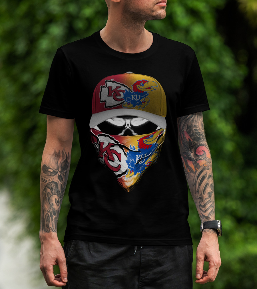Kansas City Chiefs And Kansas Jayhawks Skull Bandana Hat Fusion T-Shirt