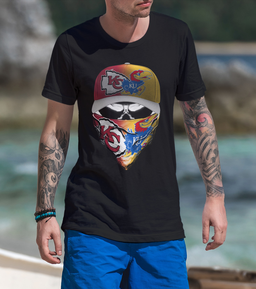 Kansas City Chiefs And Kansas Jayhawks Skull Bandana Hat Fusion T-Shirt