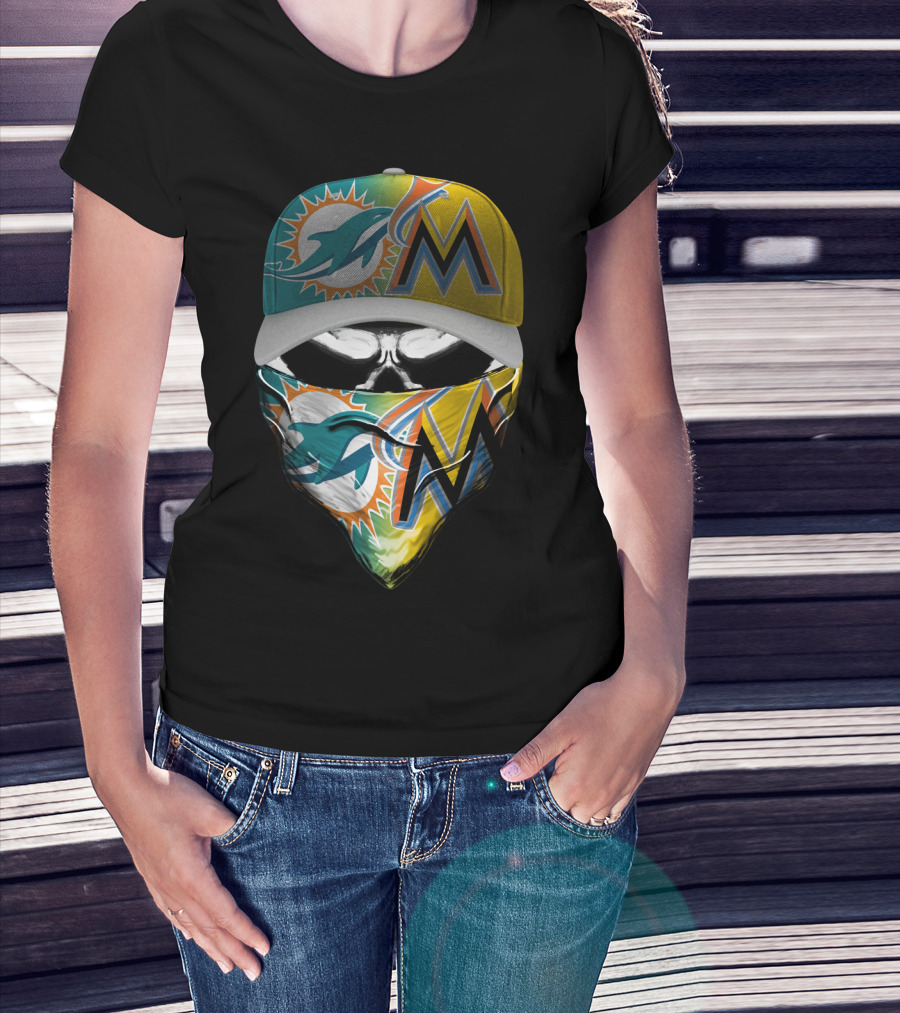Miami Dolphins Miami Marlins Masked Skull Cap T-Shirt