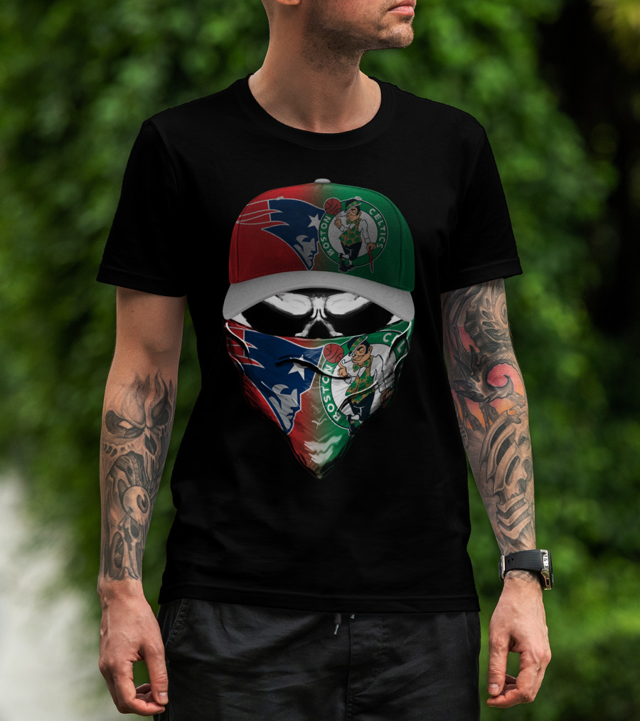 Boston Celtics New England Patriots Skull Mask Hat Combo T-Shirt
