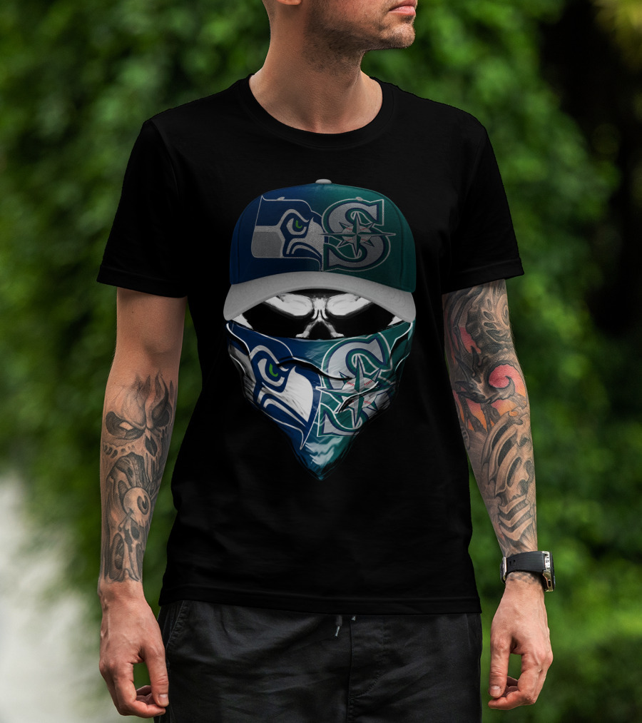 Seattle Seahawks Mariners Skull Mask Hat T-Shirt