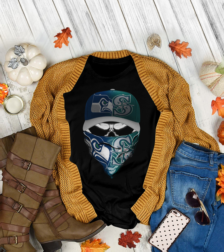Seattle Seahawks Mariners Skull Mask Hat T-Shirt