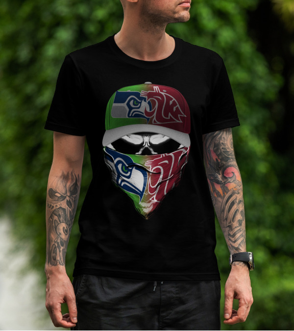 Seattle Seahawks Washington State Cougars Split Mask Hat T-Shirt