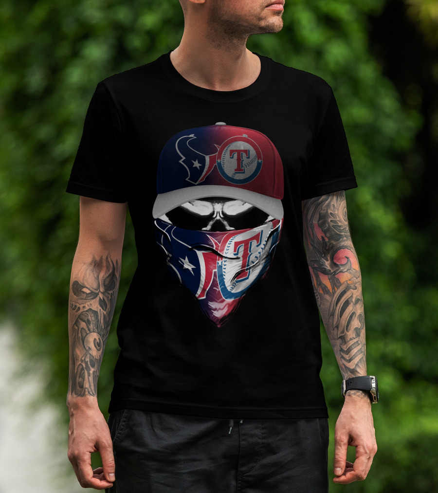 Houston Texans And Texas Rangers Skull Bandana Hat Dual Theme T-Shirt